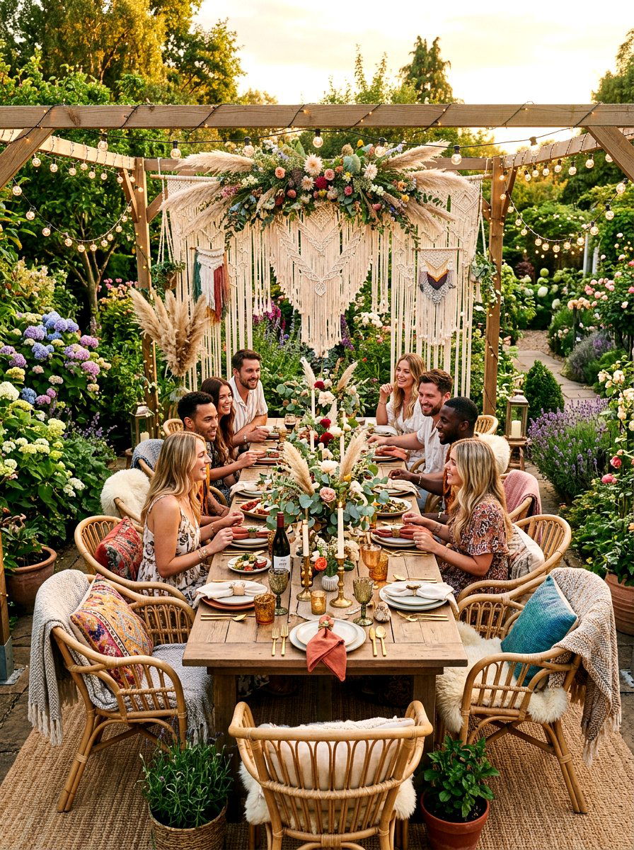 Boho garden dinner party - 30 romantic dinner party ideas at home