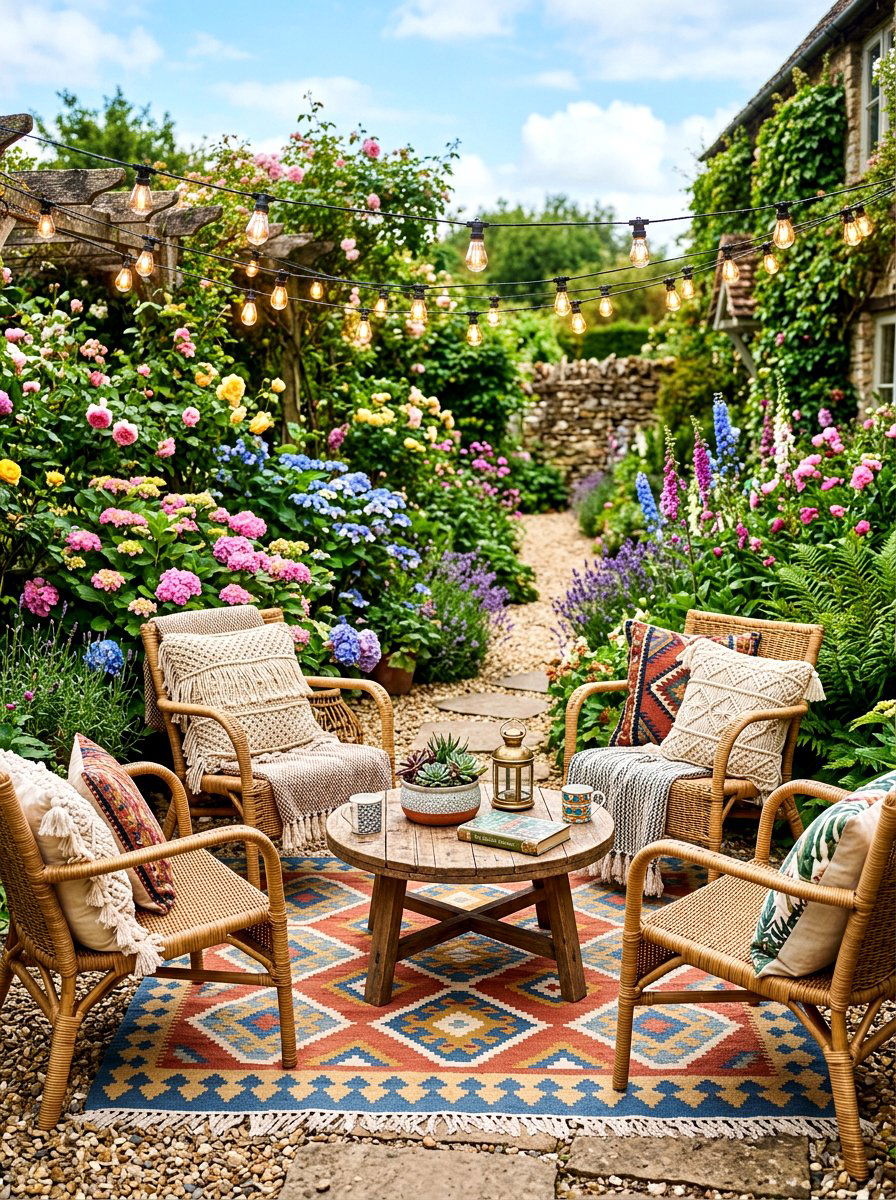 Boho garden seating - 30 backyard club lounge ideas