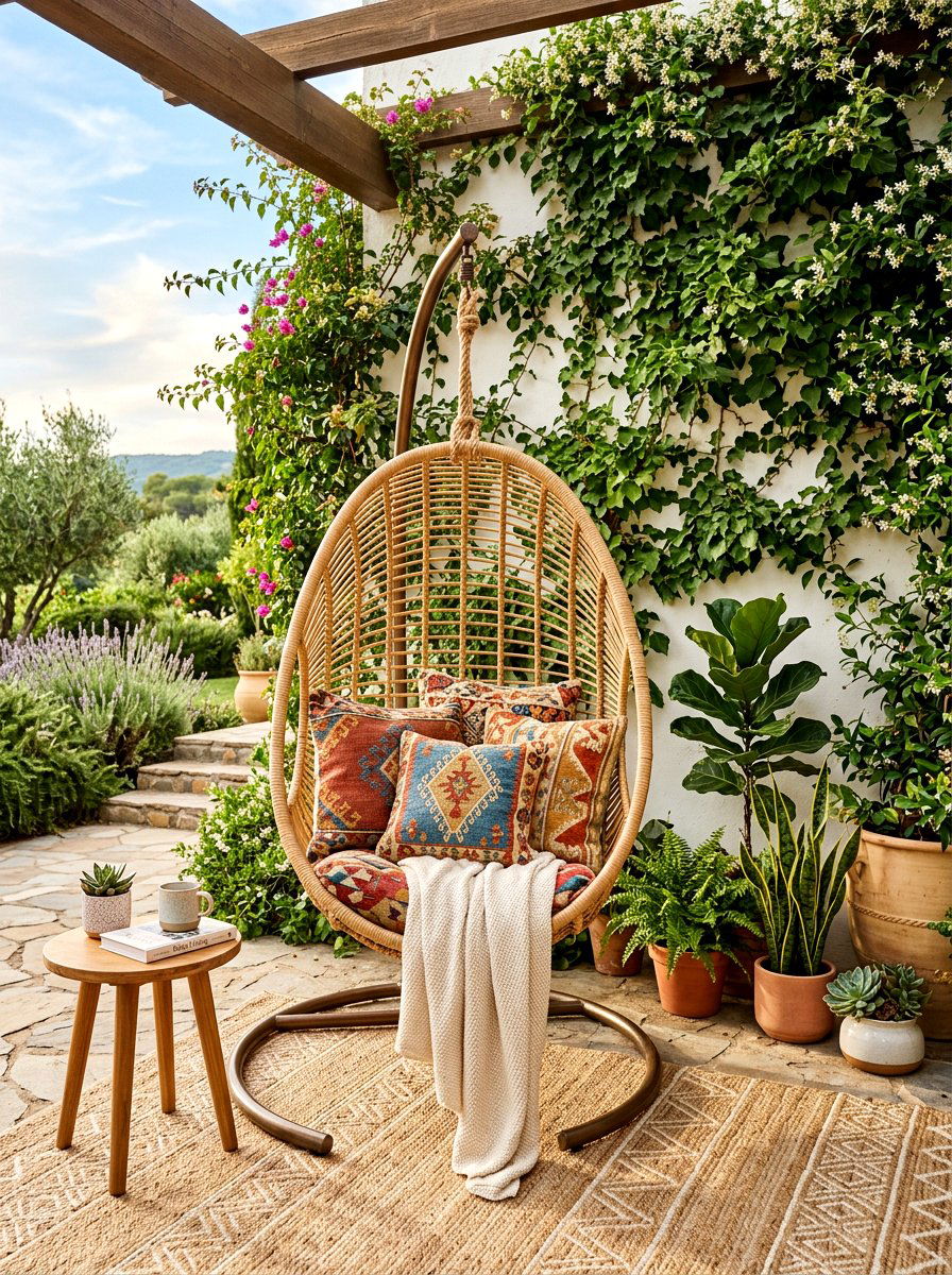 Boho hanging egg chair - 30 small courtyard seating ideas