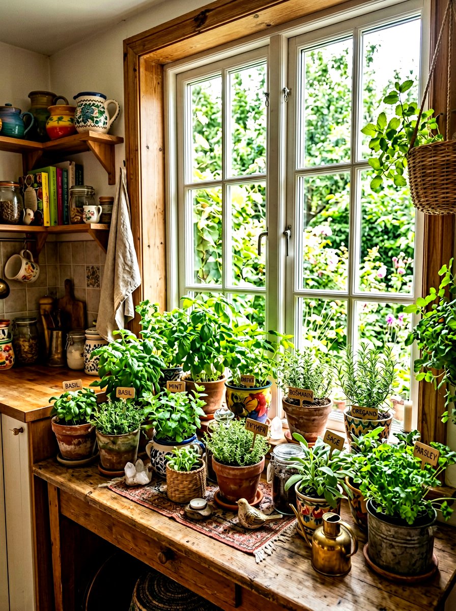 Boho herb display - 30 windowsill herb garden ideas
