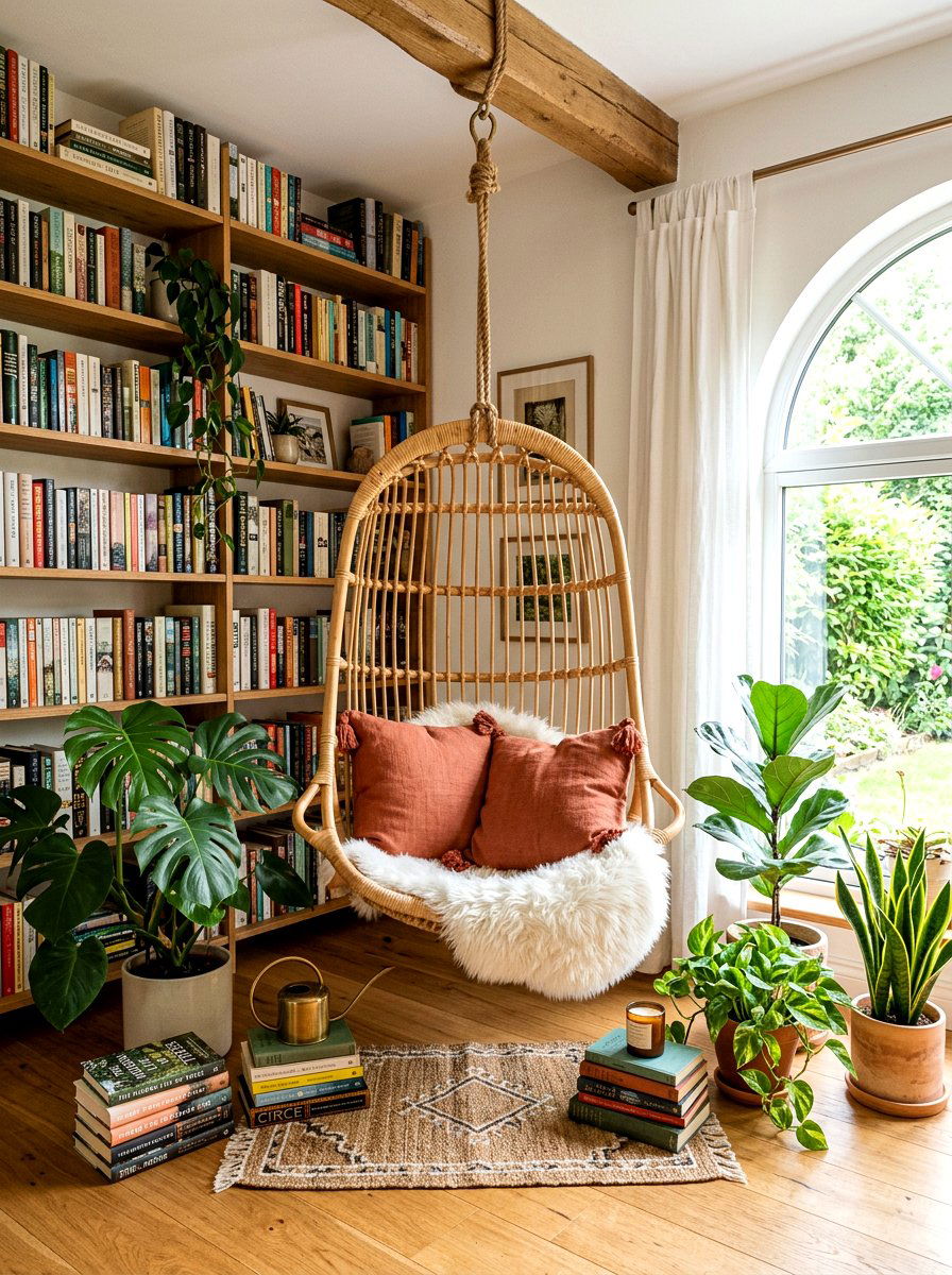 Boho library hanging chair - 30 cozy library fall ideas