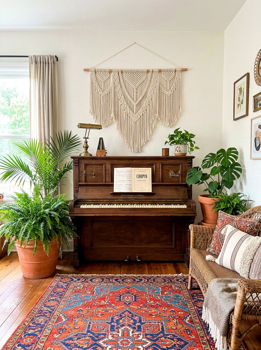Boho living room piano - 30 piano living room ideas