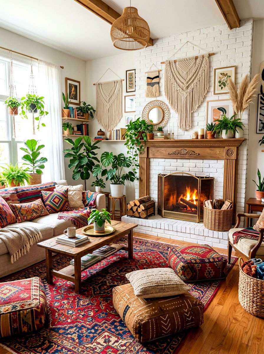 Boho living room with fireplace decor - 30 off center fireplace ideas