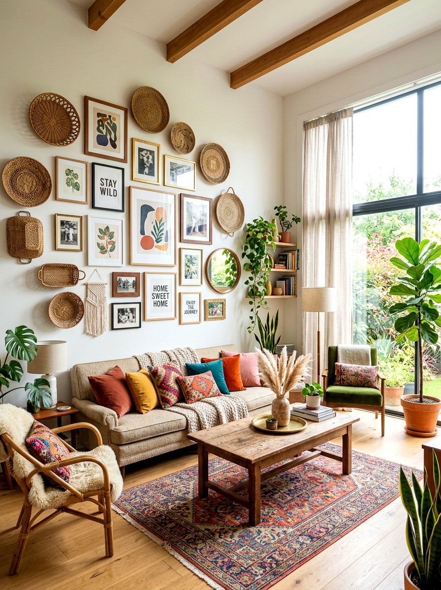 Boho living room with gallery wall - 30 boho living room ideas