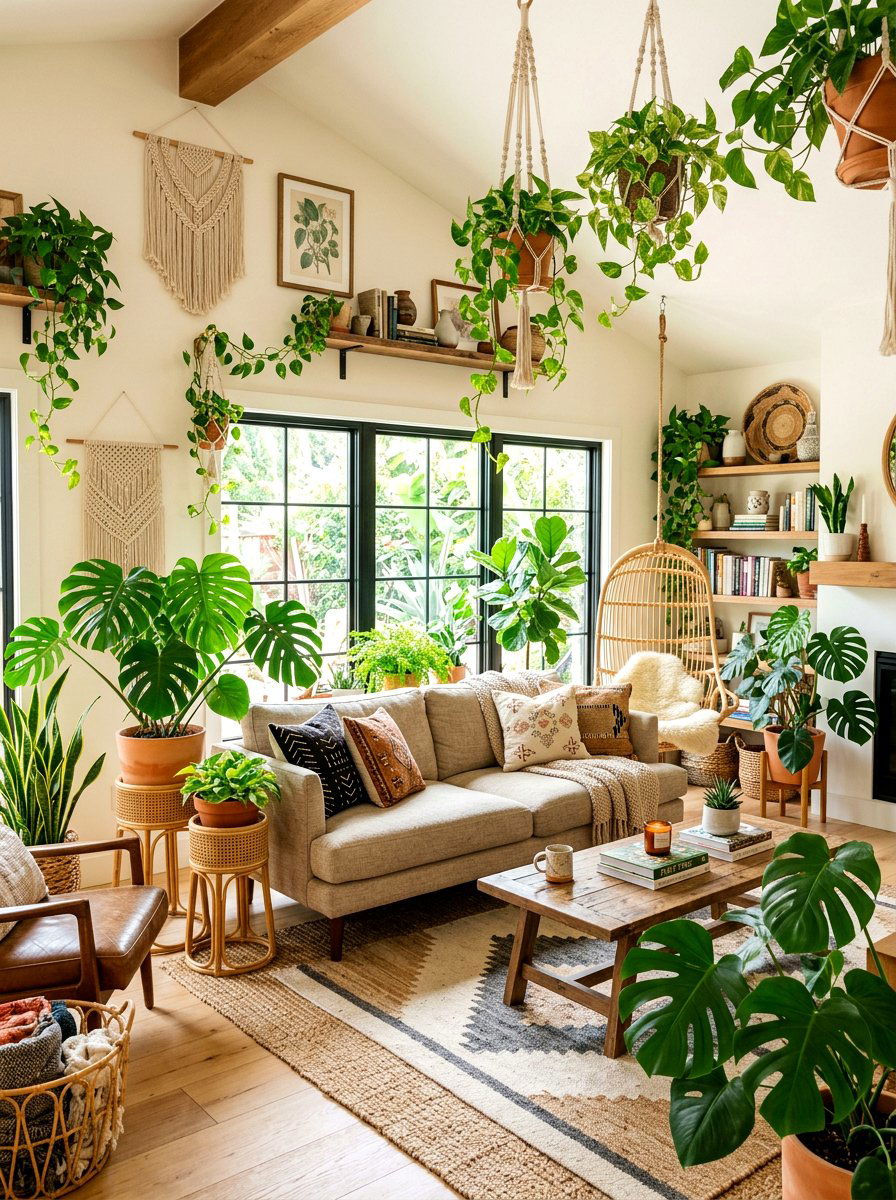 Boho living room with plants - 30 boho living room ideas