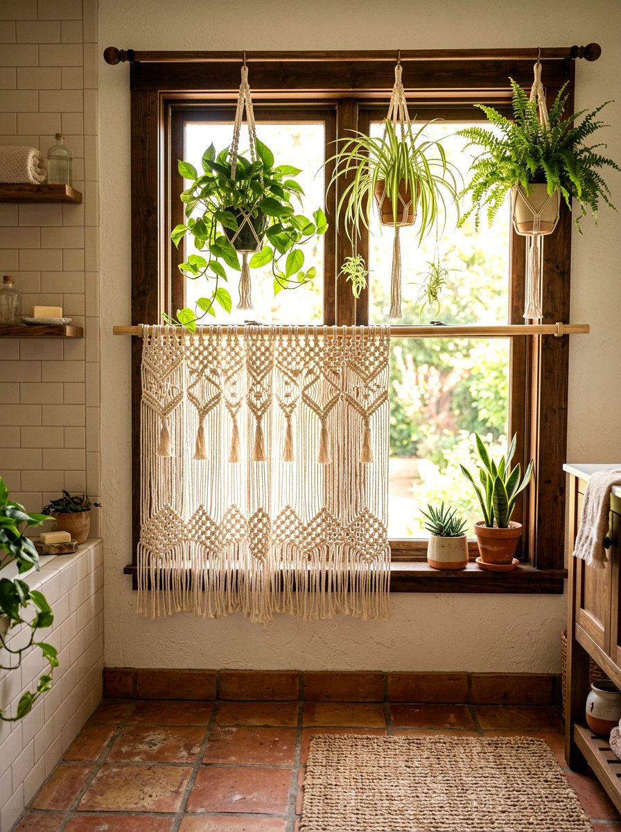 Boho macrame bathroom cafe curtain - 30 cafe curtain bathroom ideas