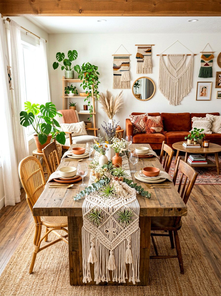 Boho macrame floral table runner - 30 floral table runner ideas