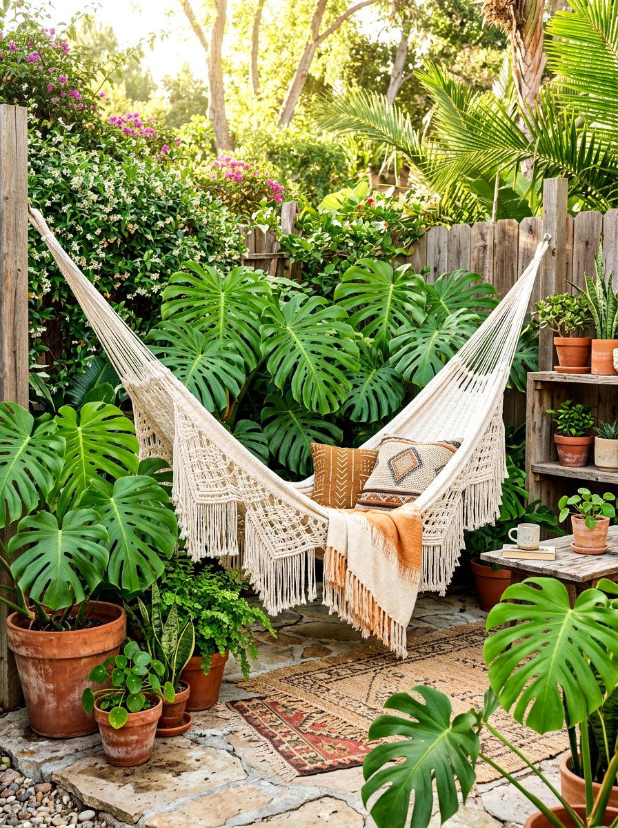 Boho macrame hammock corner - 30 hammock garden corner ideas