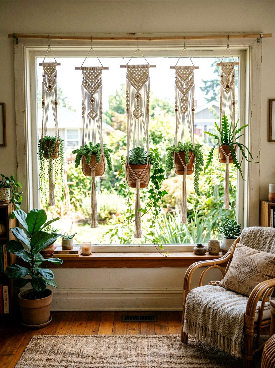 Boho macrame hangers - 30 succulent windowsill ideas