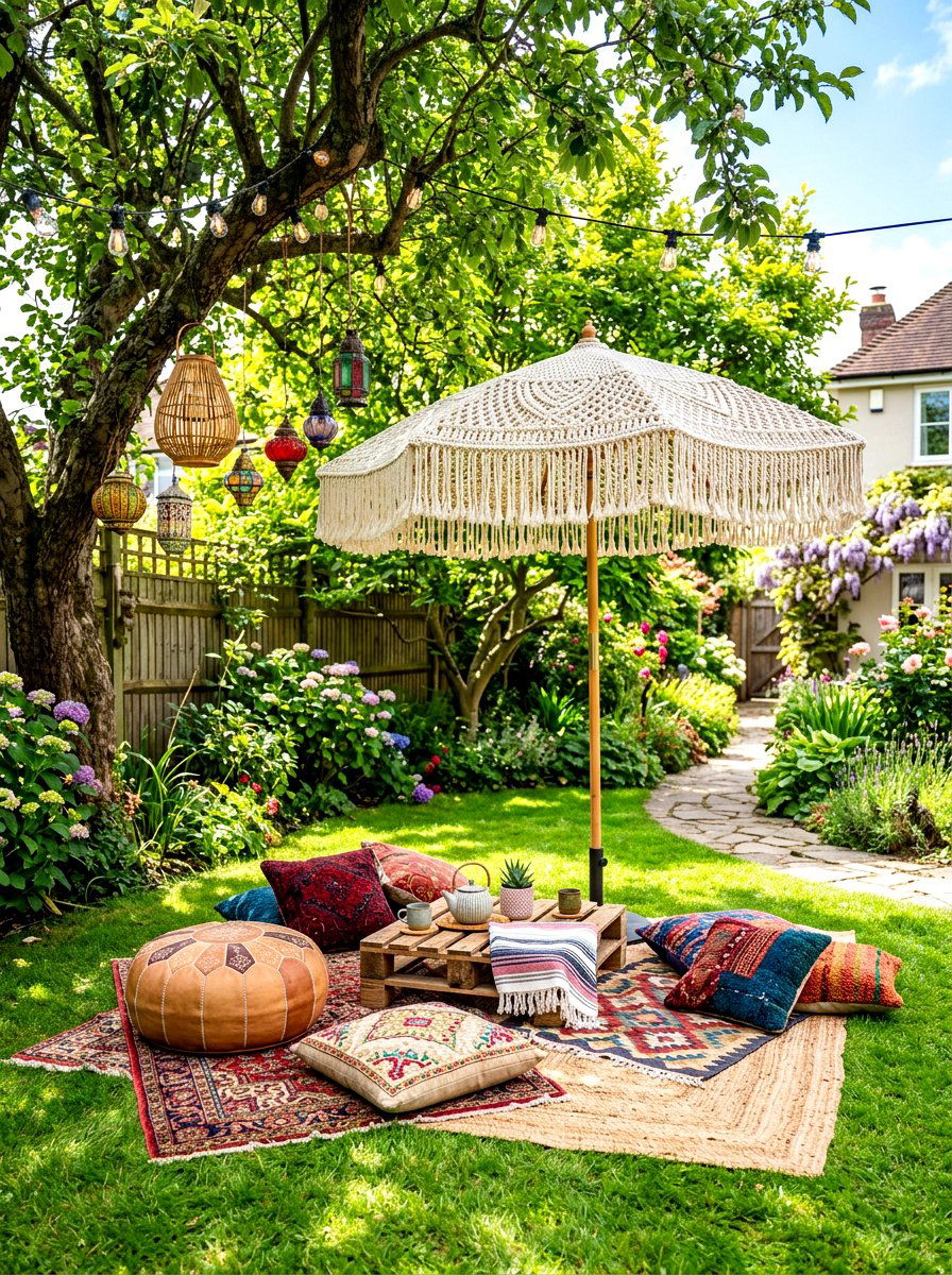 Boho macrame umbrella - 30 garden umbrella ideas