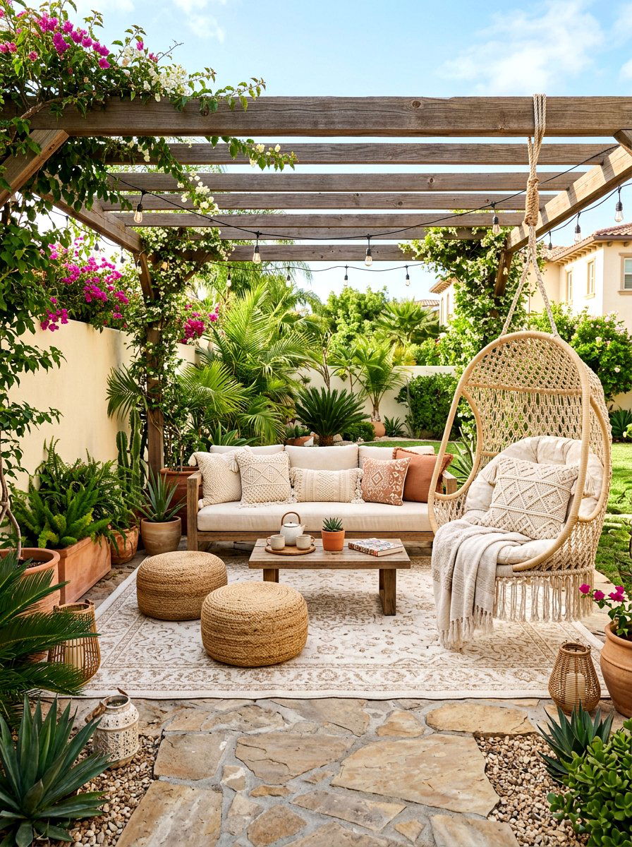 Boho neutral backyard lounge - 30 neutral backyard styling ideas