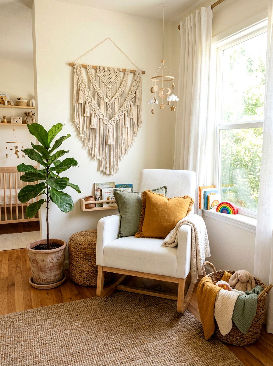 Boho nursery glider corner - 30 nursery rocking chair corner ideas