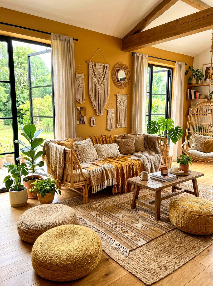 Boho ochre living room - 30 ochre living room ideas