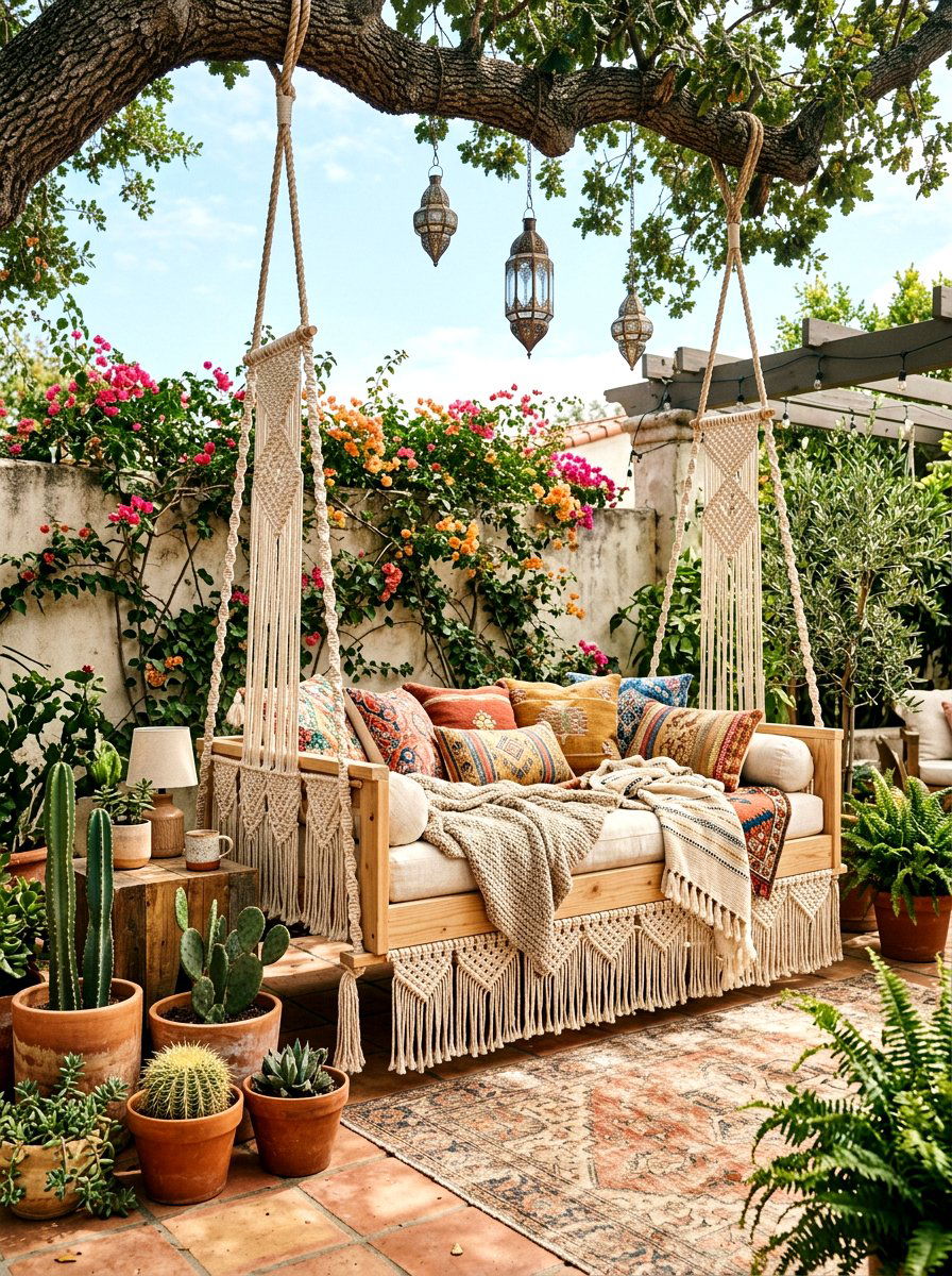 Boho outdoor swing bed - 30 porch swing bed ideas