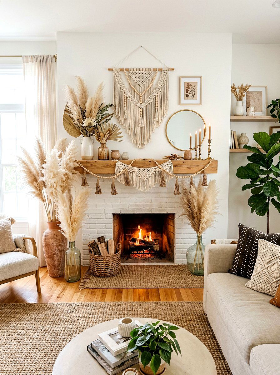 Boho pampas grass mantel - 30 spring mantel decor ideas