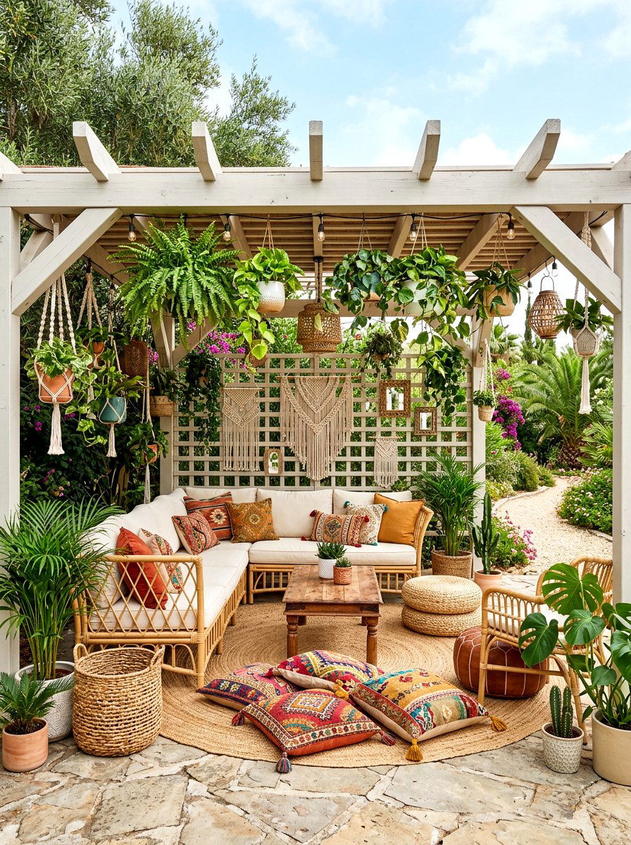 Boho pergola lounge - 30 pergola lounge area ideas