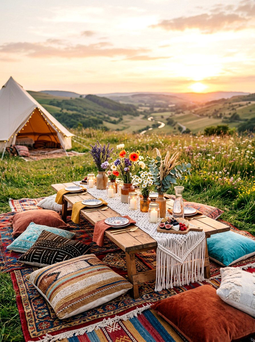 Boho picnic table - 30 backyard party ready ideas