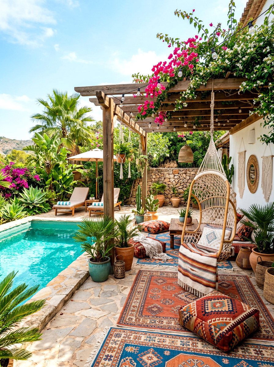 Boho poolside patio - 30 small poolside patio ideas