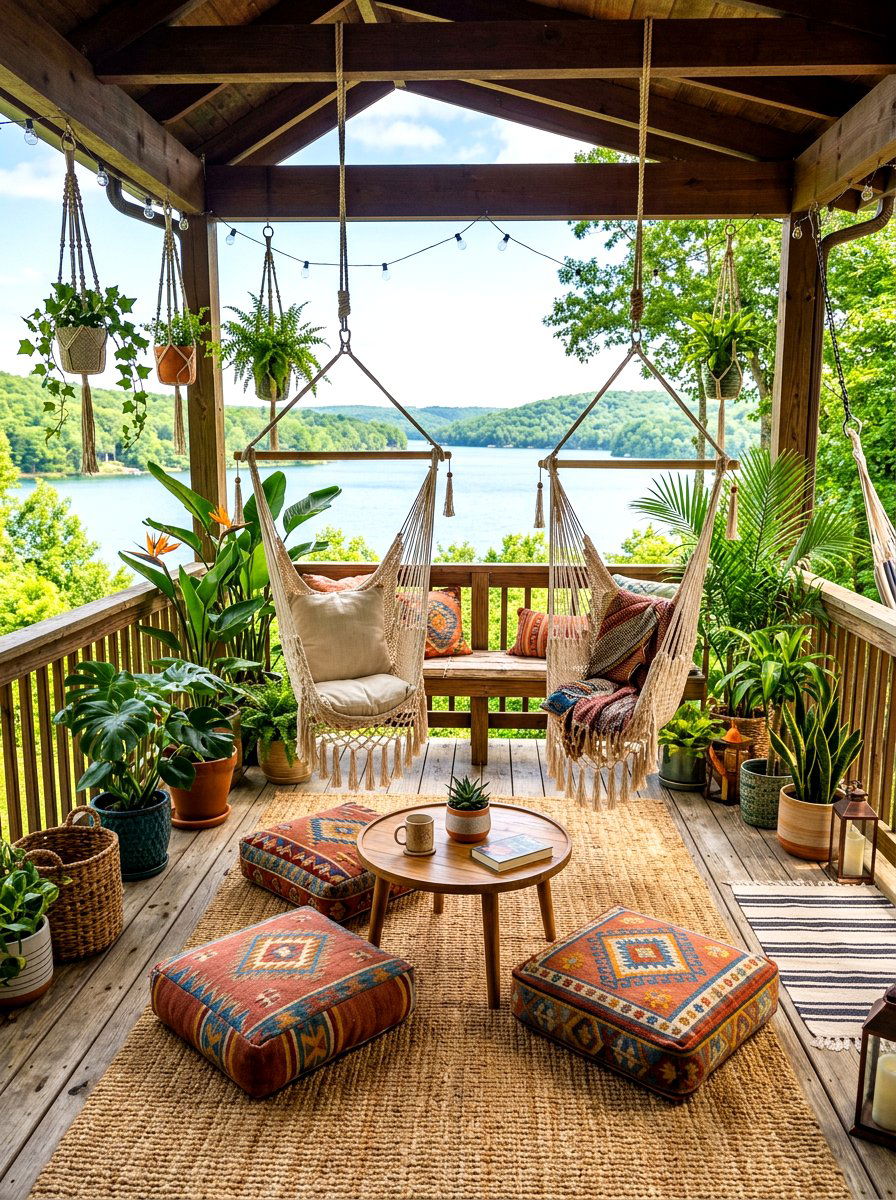 Boho porch decor - 30 lake house porch ideas