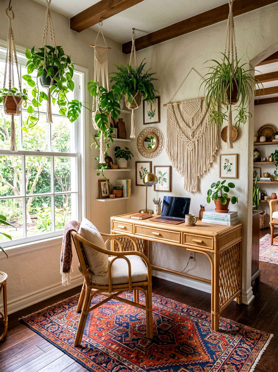 Boho rattan desk - 30 study nook ideas