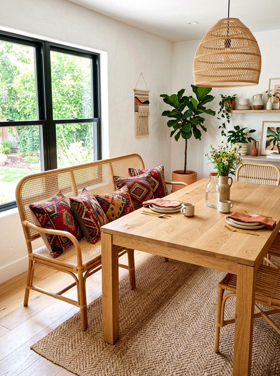 Boho rattan dining bench - 30 built in dining bench ideas