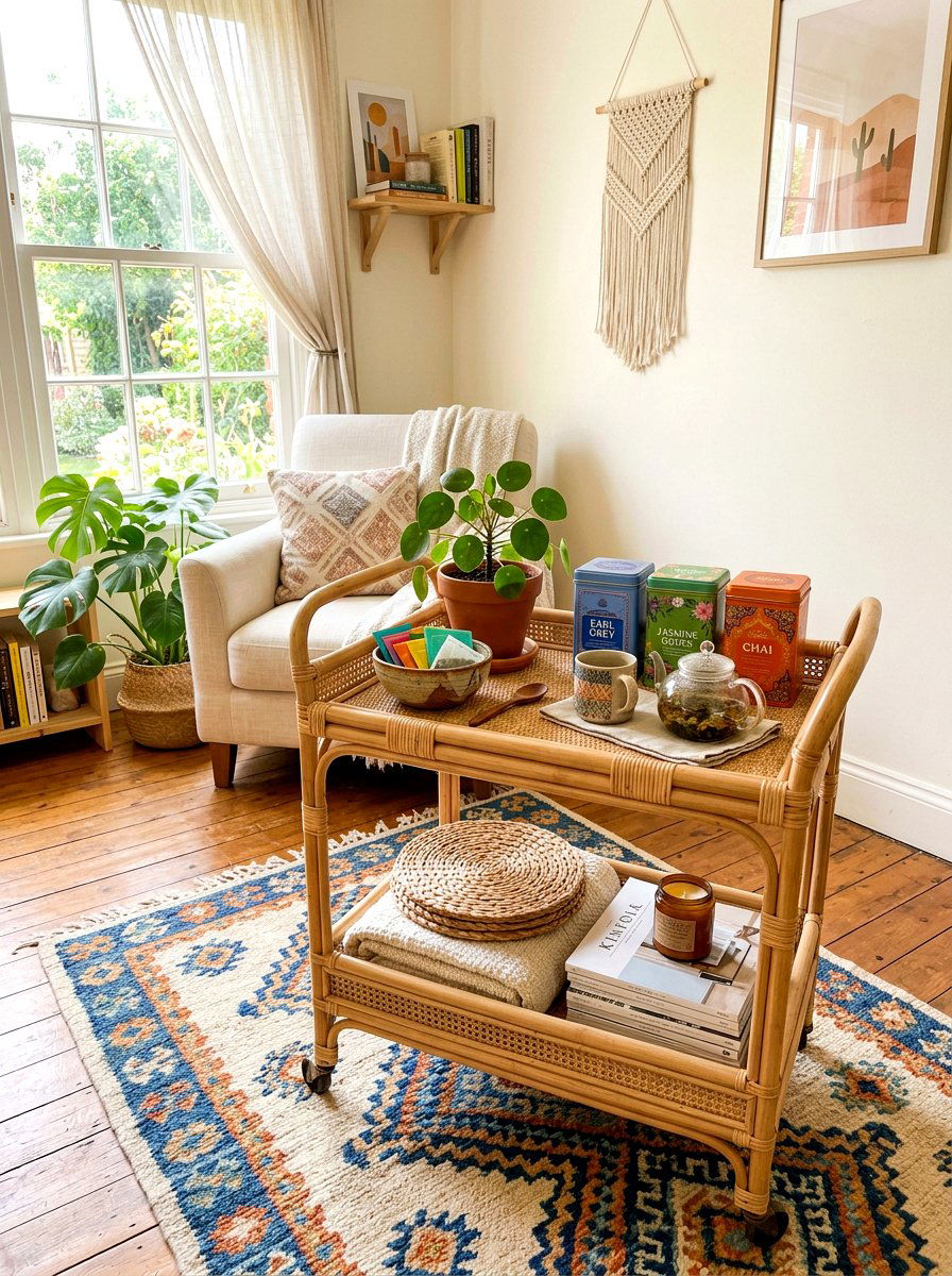 Boho rattan tea cart - 30 matcha station ideas