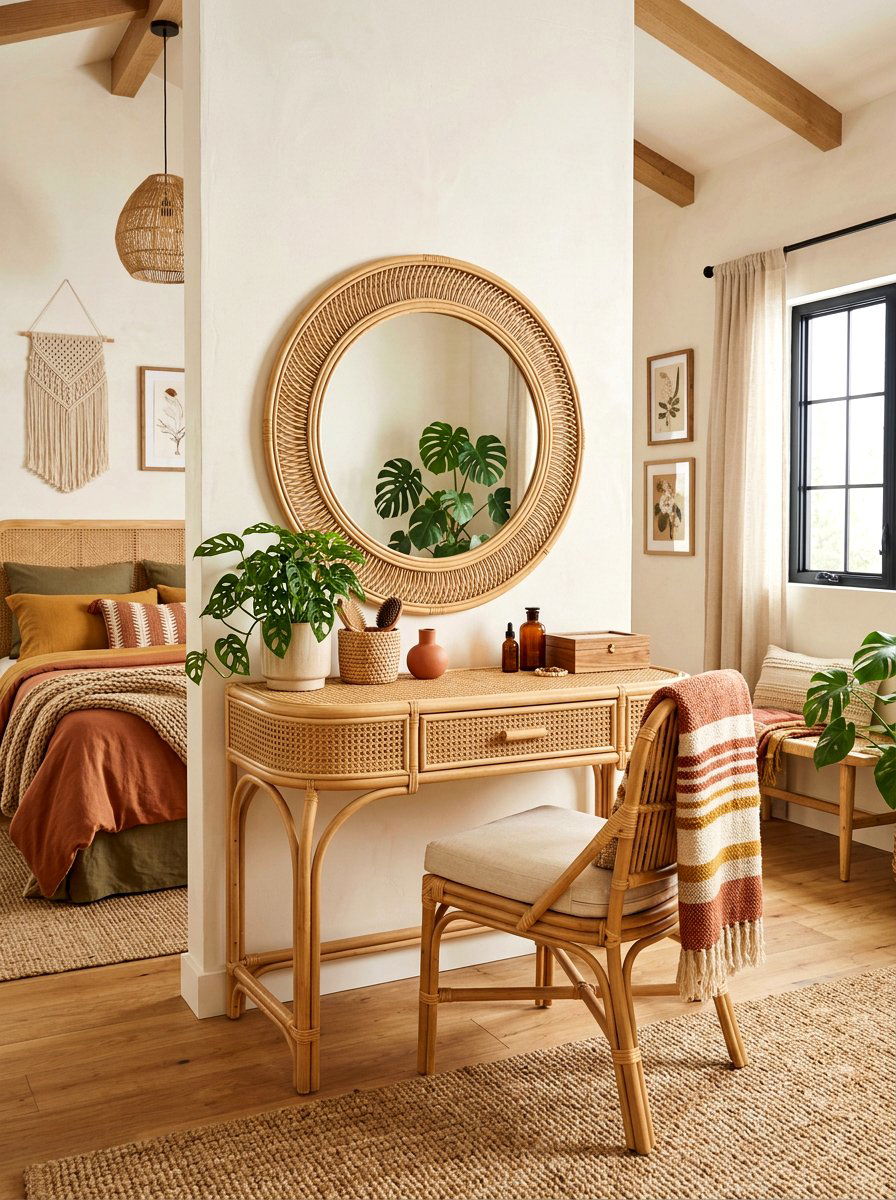 Boho rattan vanity - 30 bedroom vanity corner ideas