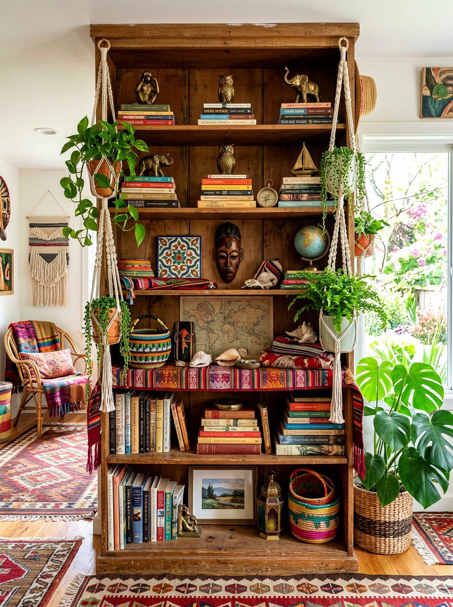 Boho spring bookshelf - 30 bookshelf spring styling ideas