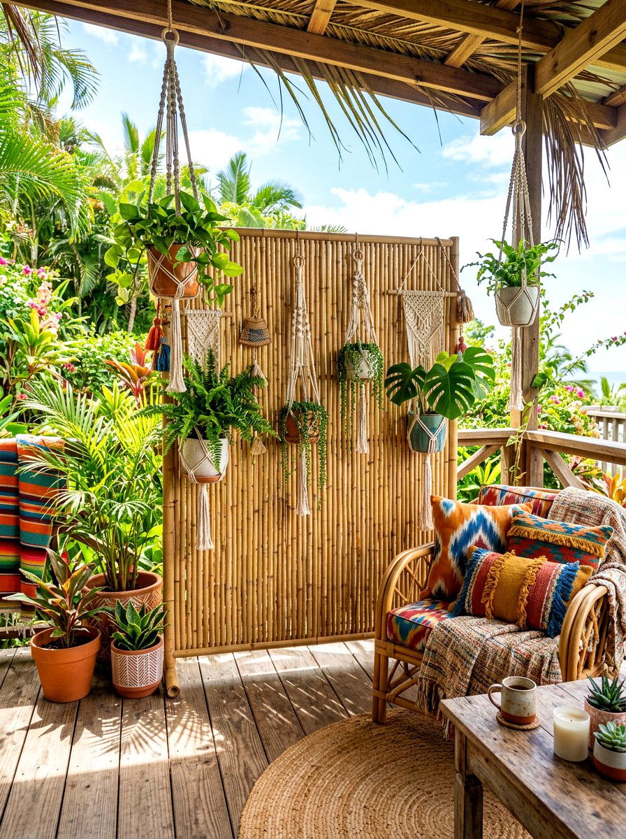Boho style bamboo slat screen - 30 porch slat wall ideas