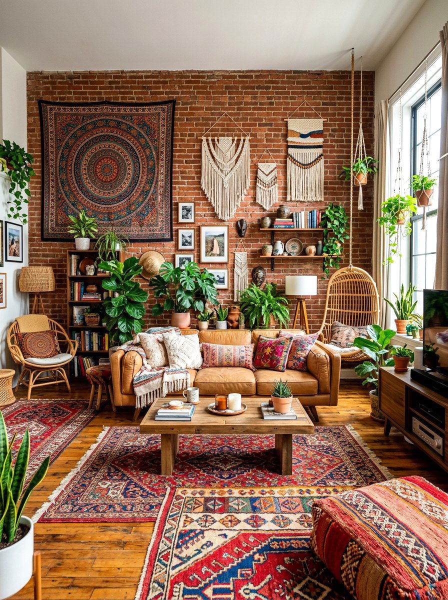 Boho style brick wall - 30 exposed brick living room ideas