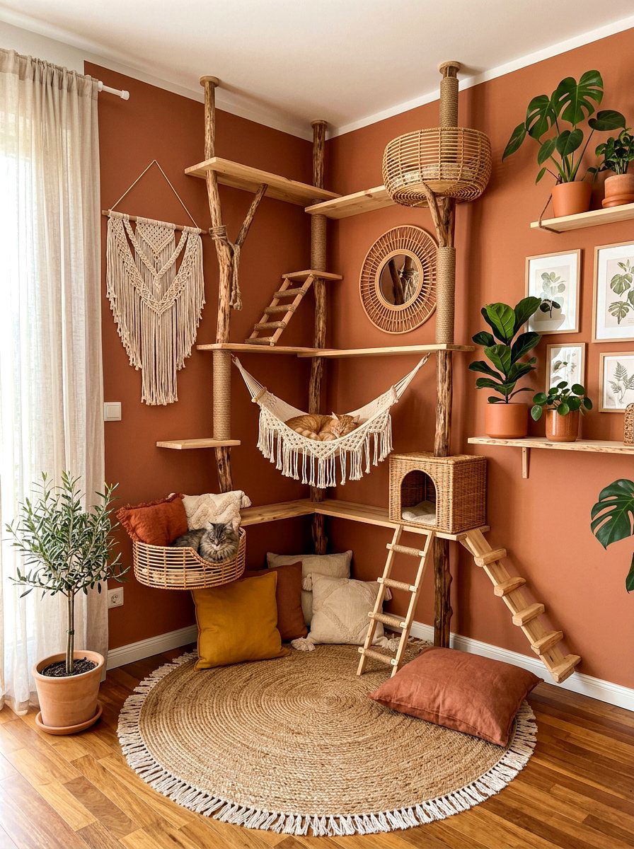 Boho style cat climbing corner - 30 cat climbing corner ideas
