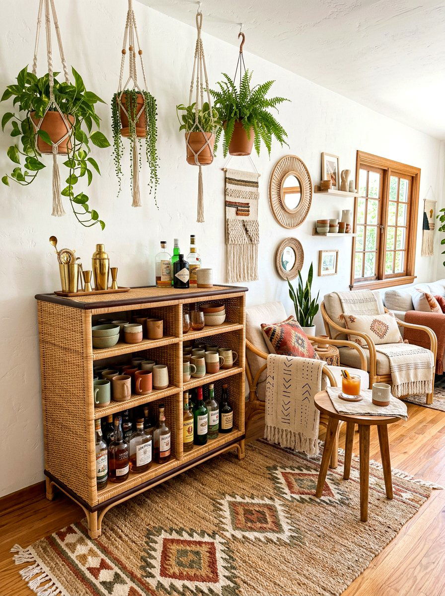 Boho style cocktail nook - 30 cocktail nook ideas aesthetic