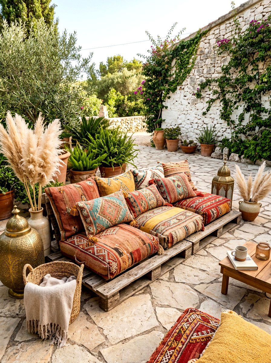 Boho style floor pillows - 30 patio conversation area ideas
