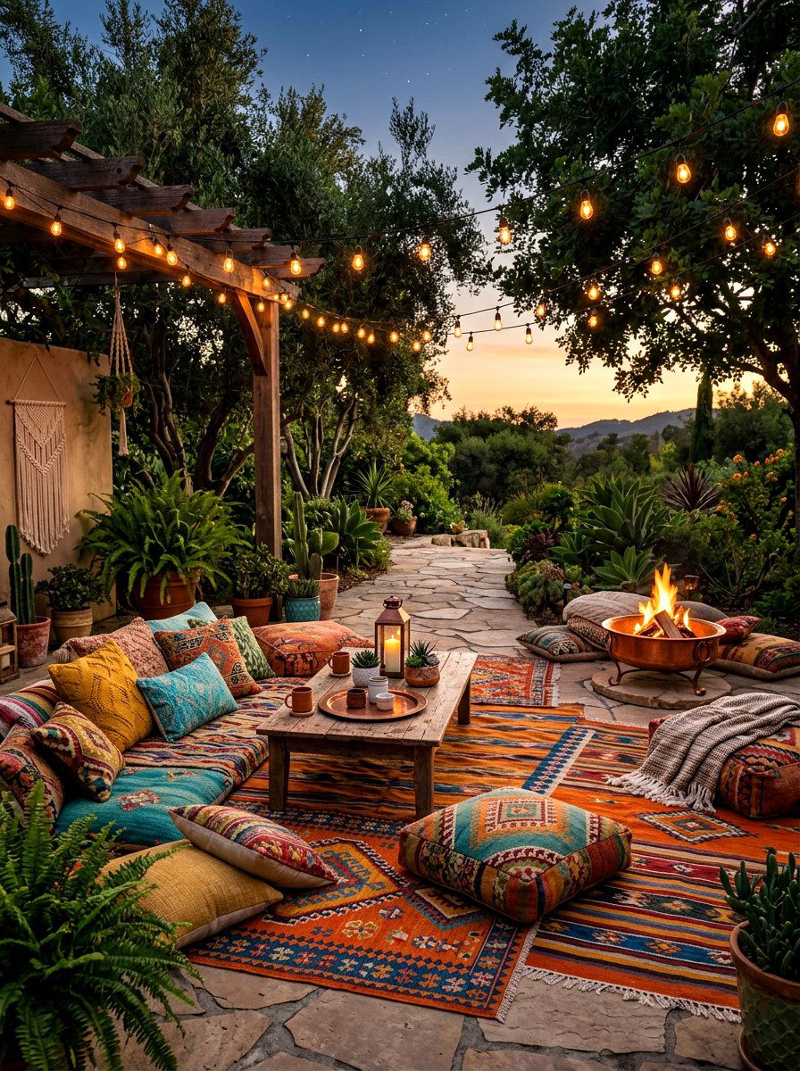 Boho style floor seating - 30 backyard fireplace seating ideas