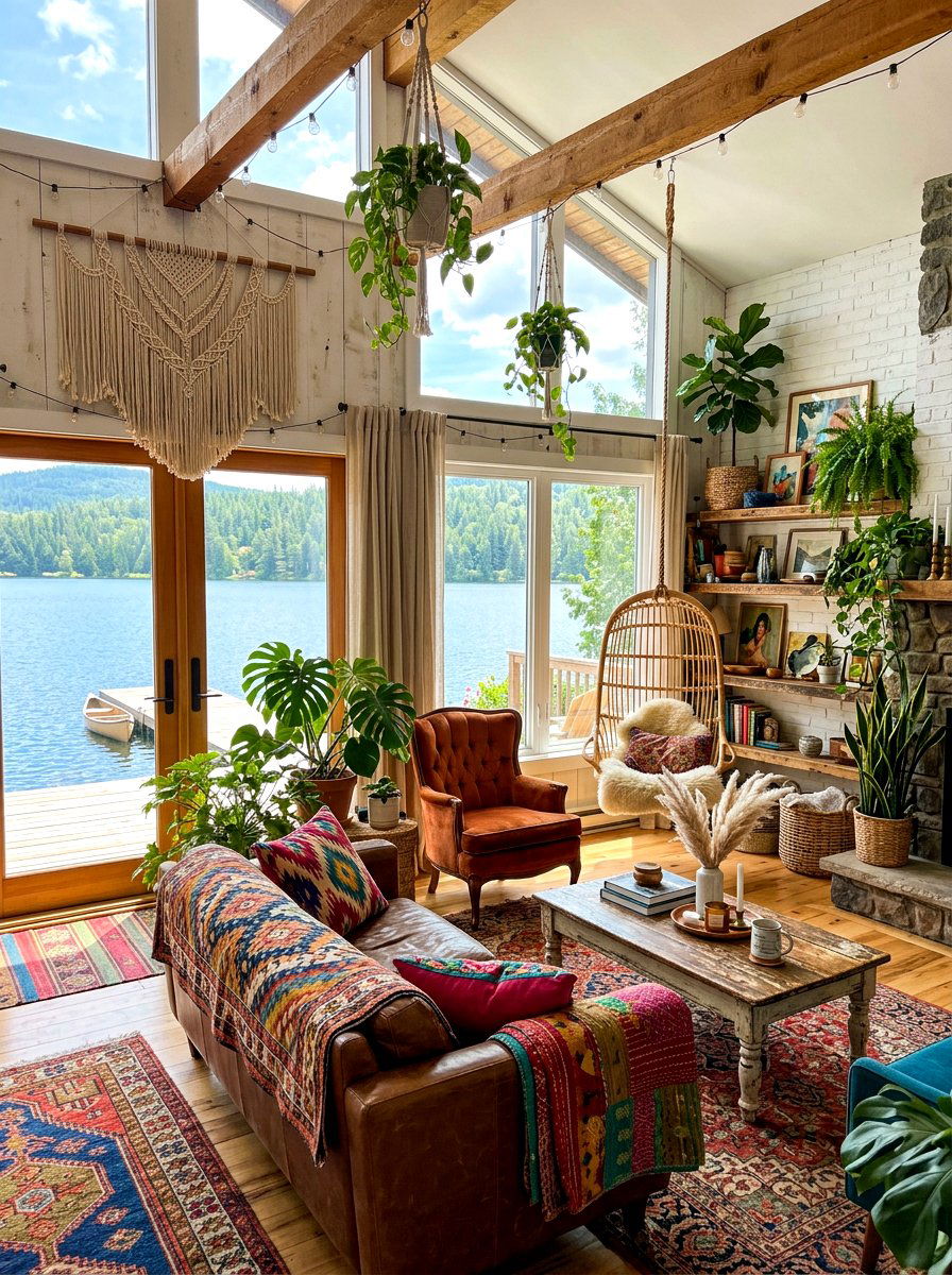 Boho style lake house - 30 lake house living room ideas