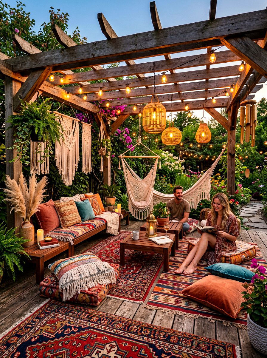 Boho style pergola lounge - 30 pergola lounge patio ideas