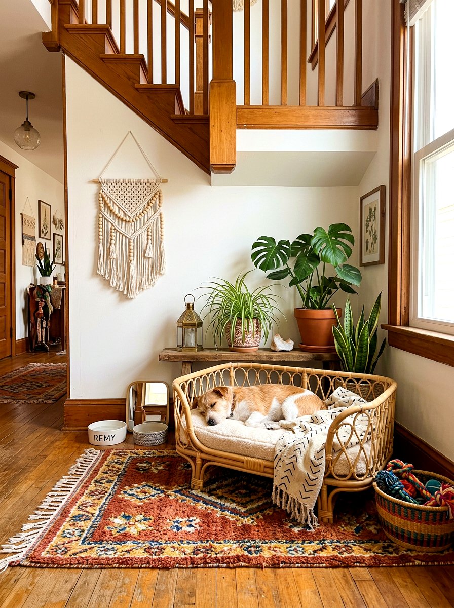 Boho style pet corner - 30 under stairs pet room ideas aesthetic