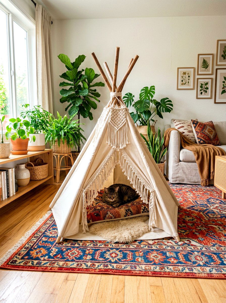 Boho style pet teepee - 30 pet nook apartment ideas