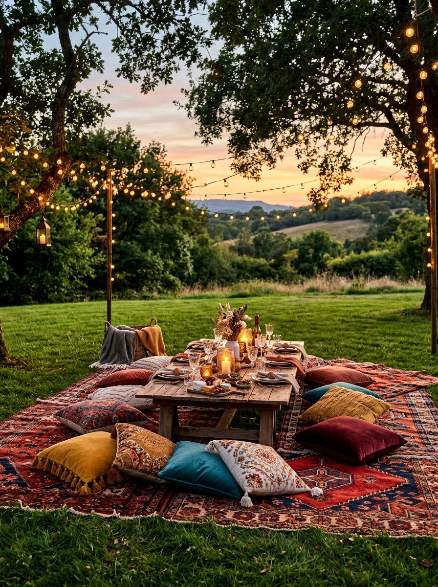 Boho style picnic table - 30 backyard picnic table ideas