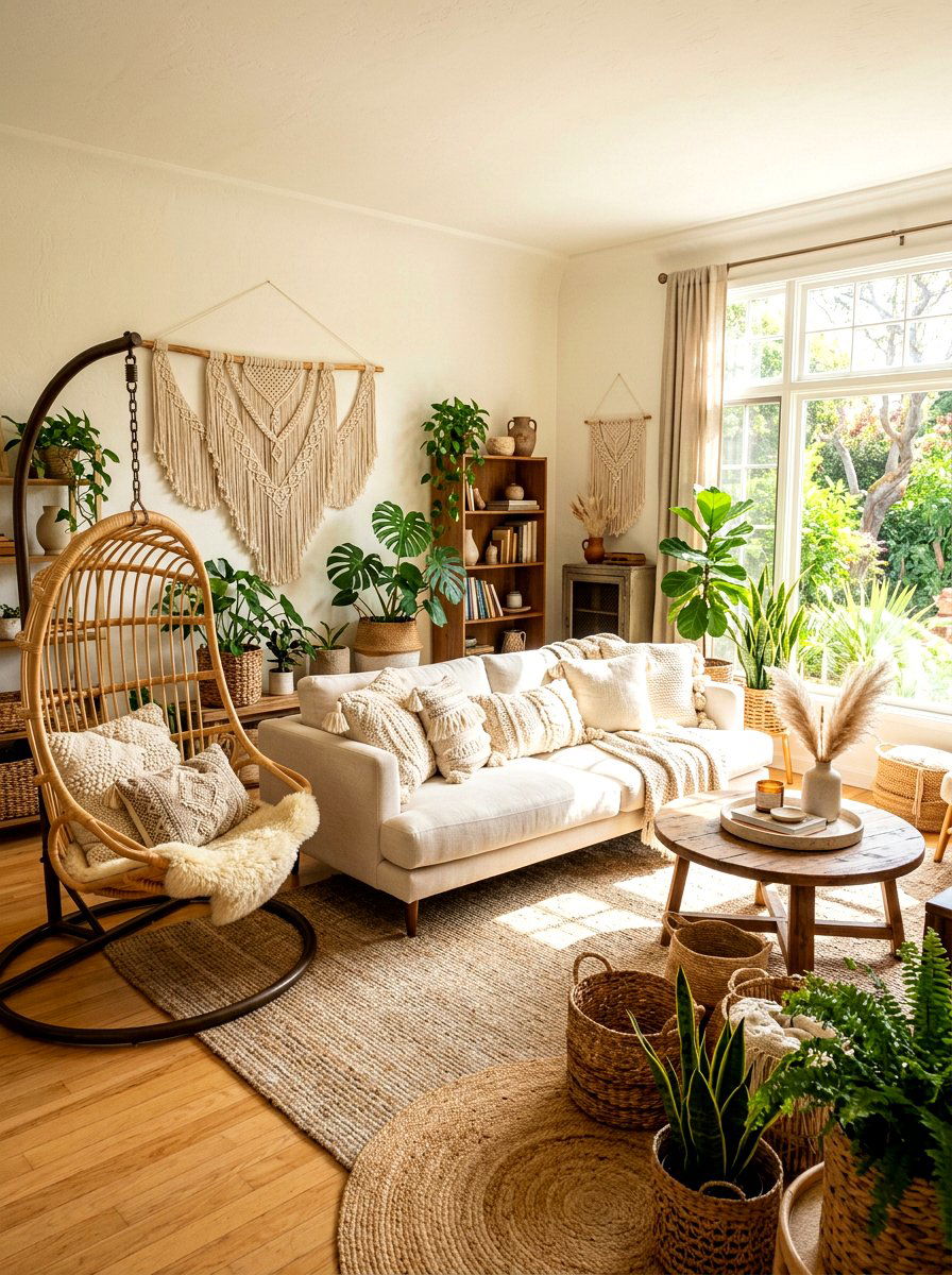 Boho sun drenched living room - 30 sun washed living room ideas