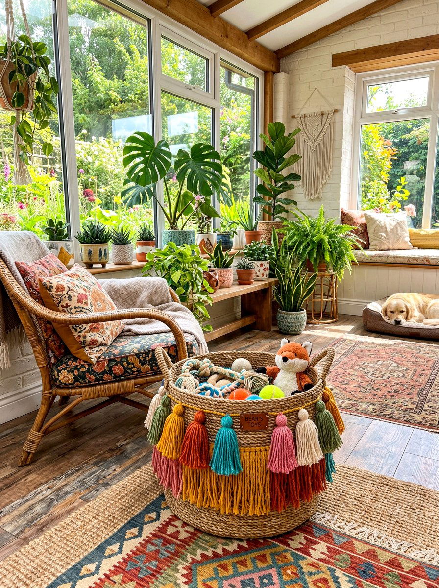 Boho tassel dog toy basket - 30 pet toy basket ideas