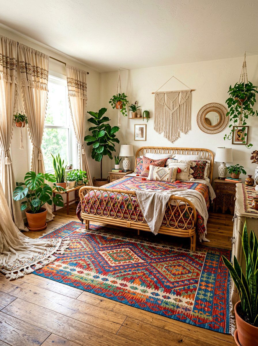 Boho tassel puddled curtains - 30 puddled curtains bedroom ideas