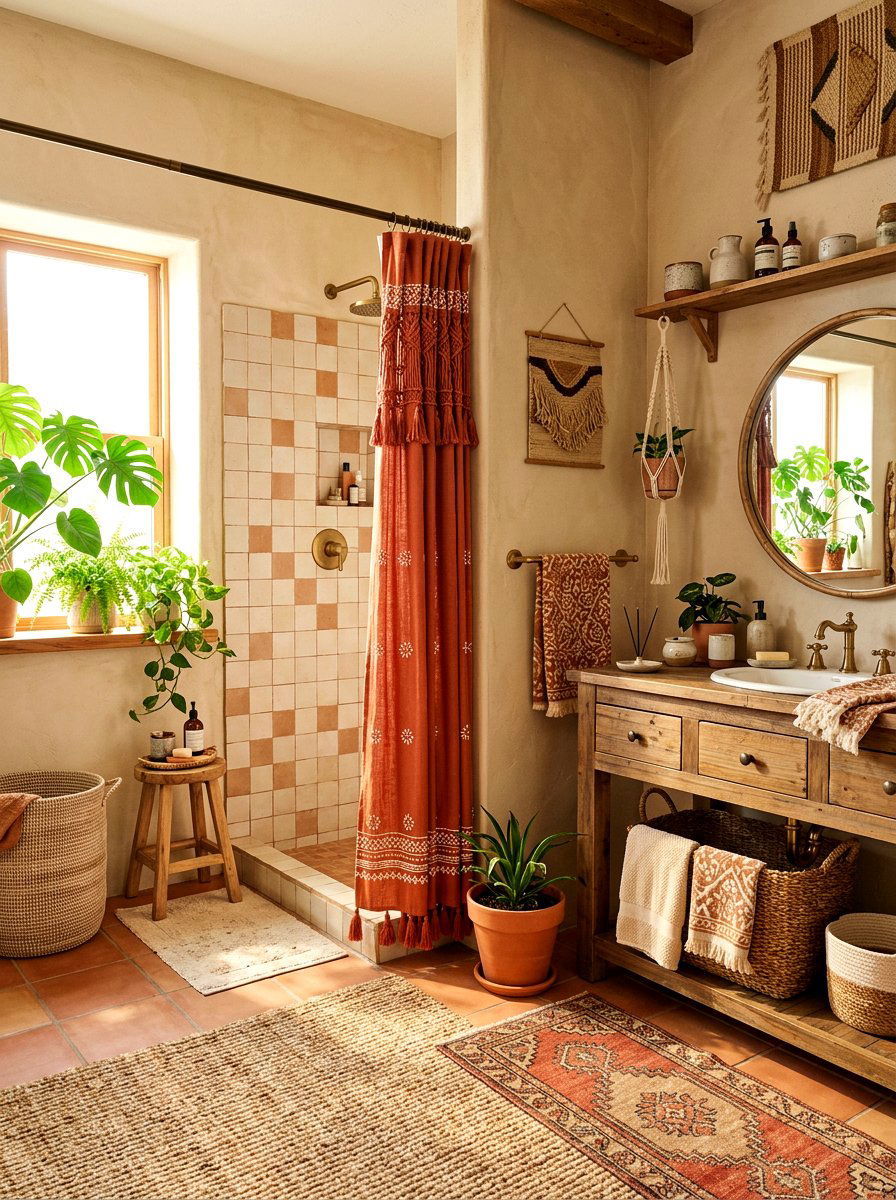 Boho tassel shower curtain - 30 shower curtain bathroom ideas