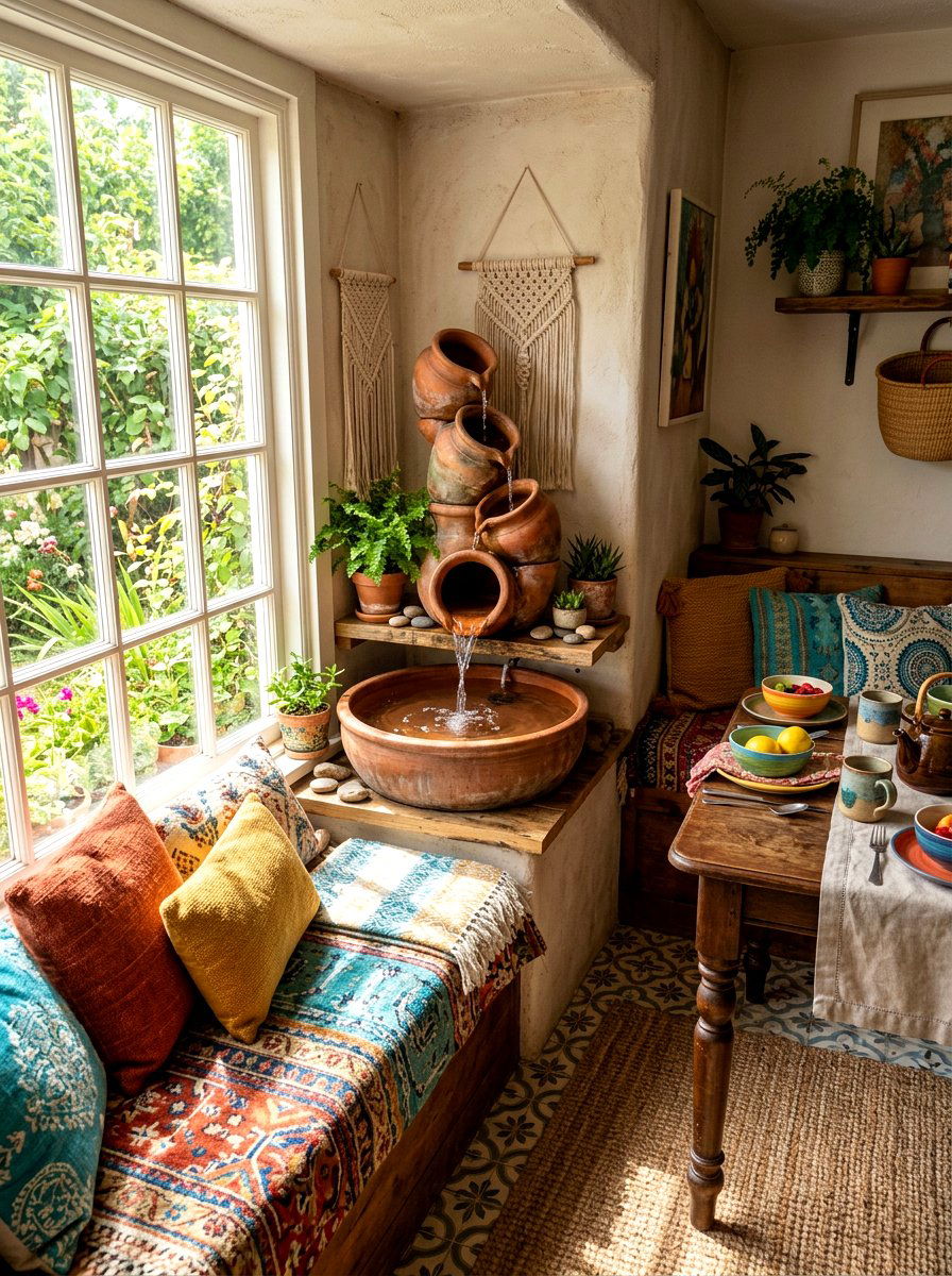 Boho tiered terracotta fountain - 30 indoor fountain decor ideas