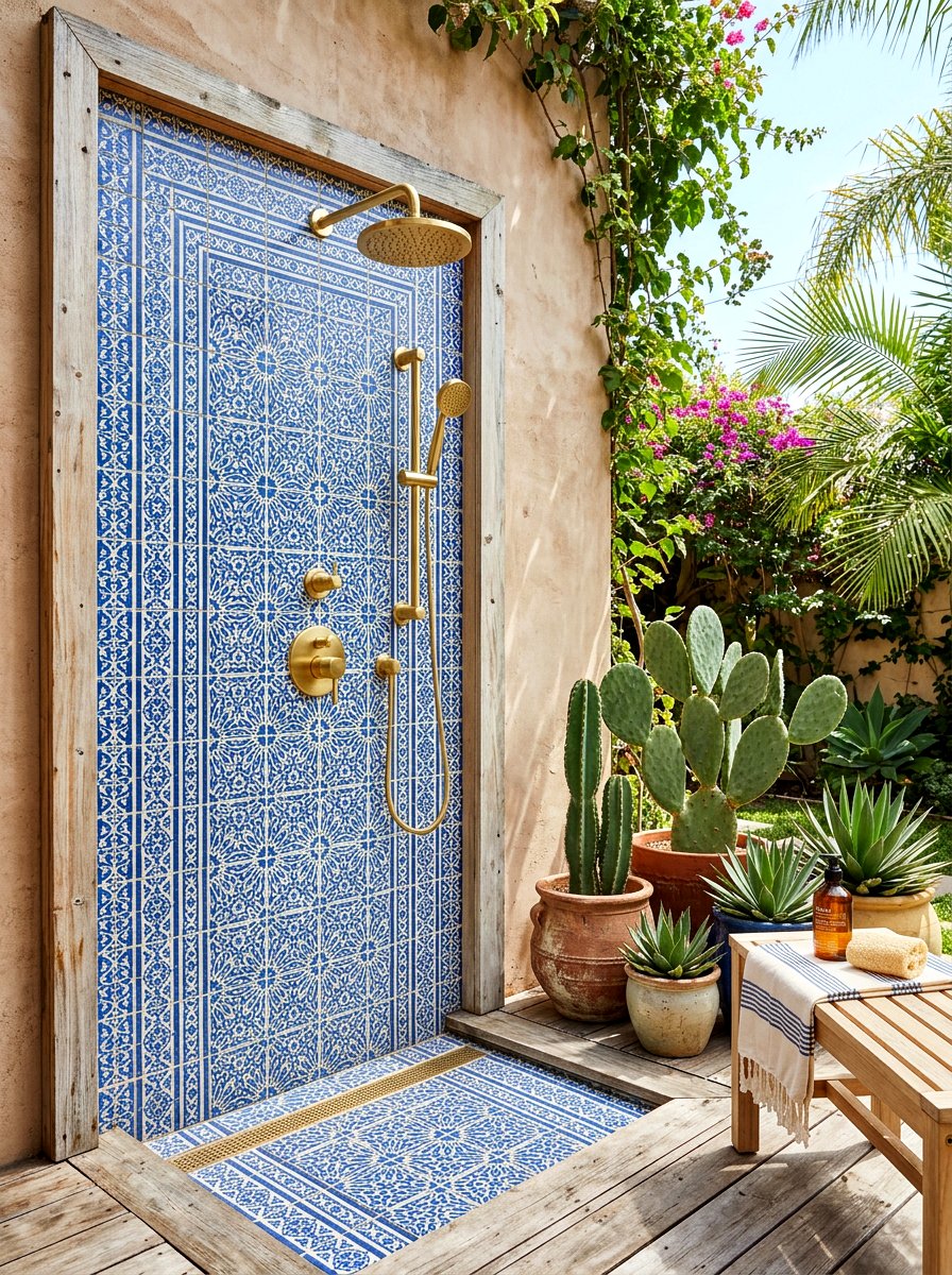 Boho tile outdoor shower - 30 outdoor shower summer ideas
