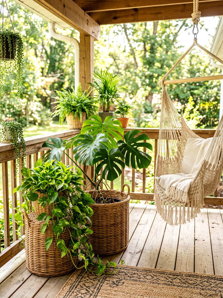 Boho wicker basket planters - 30 front porch planter ideas