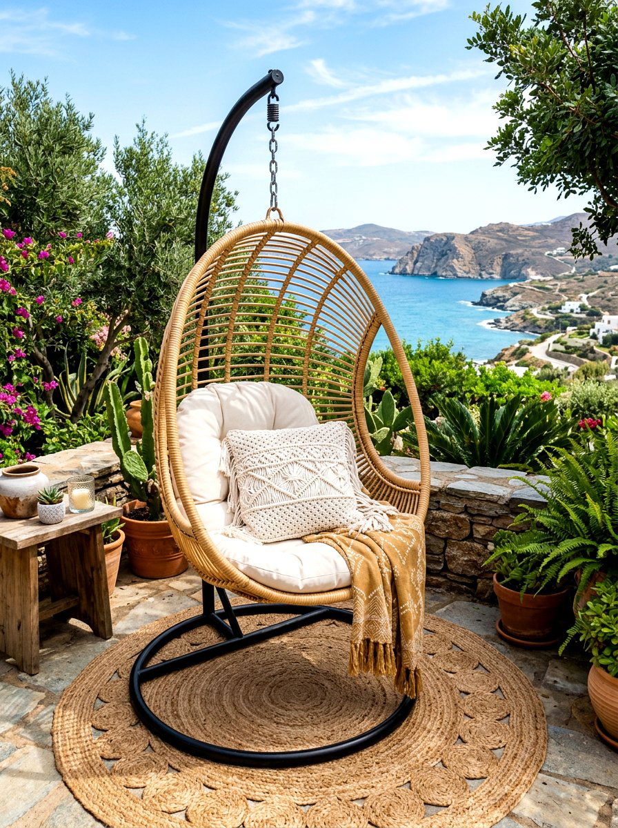 Boho wicker egg chair - 30 front porch seating nook ideas