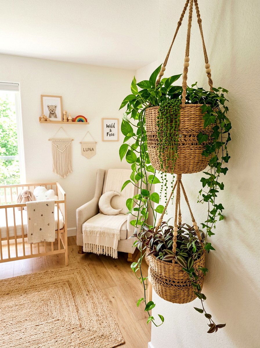 Boho wicker wall basket planter - 30 indoor plant wall ideas