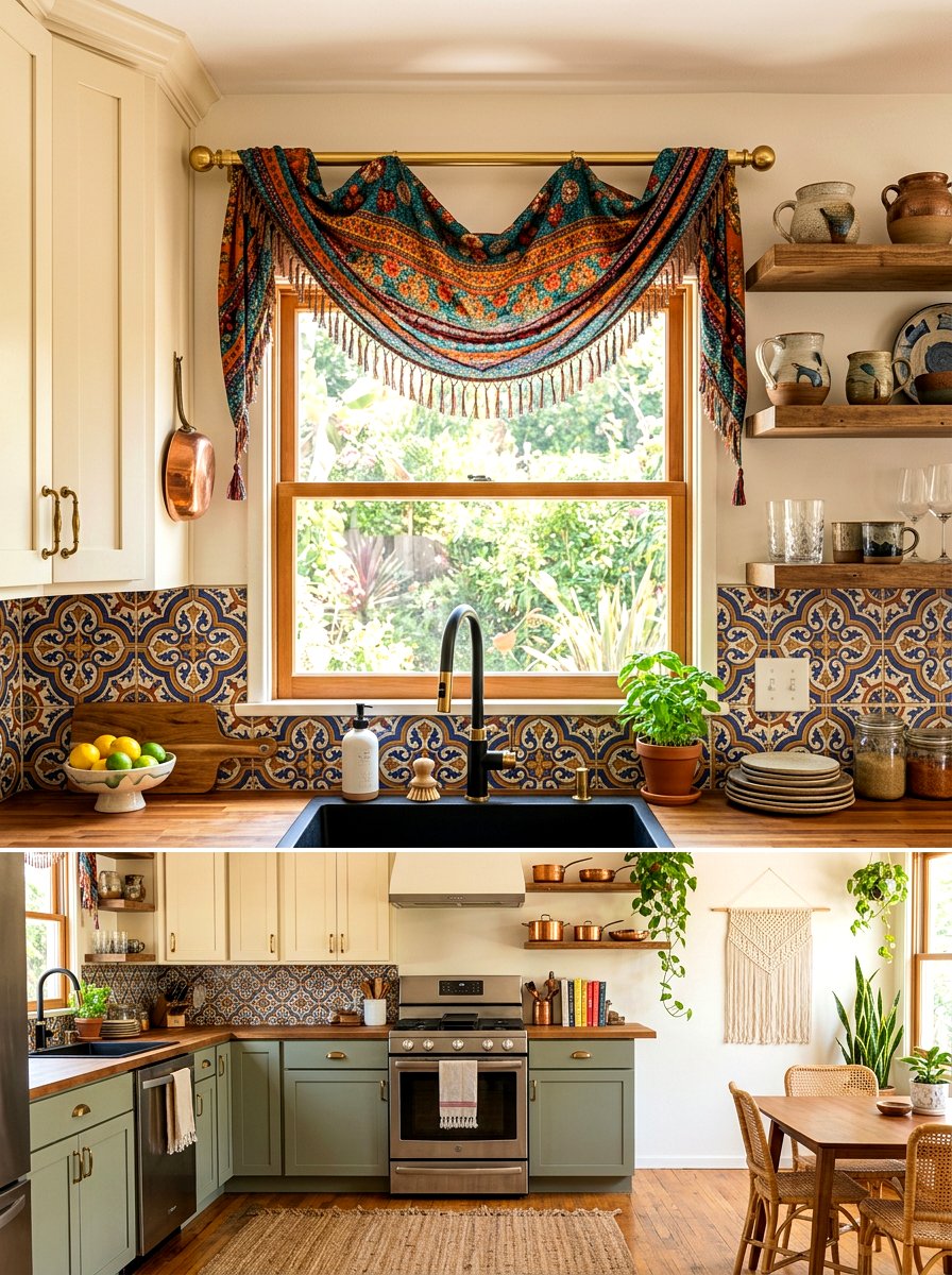 Boho window scarf - 30 kitchen curtain sink ideas