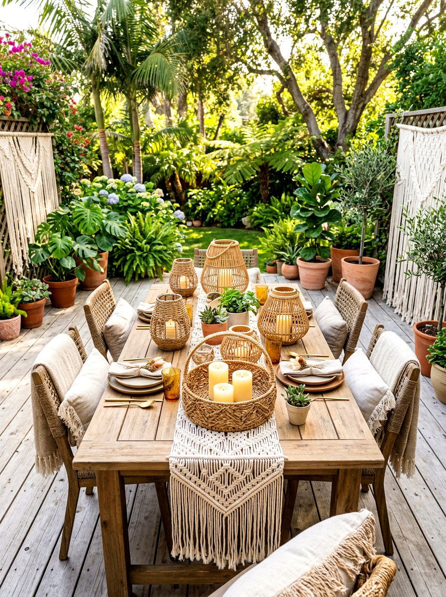 Boho woven candle holder dining table - 30 candlelit dining room ideas aesthetic